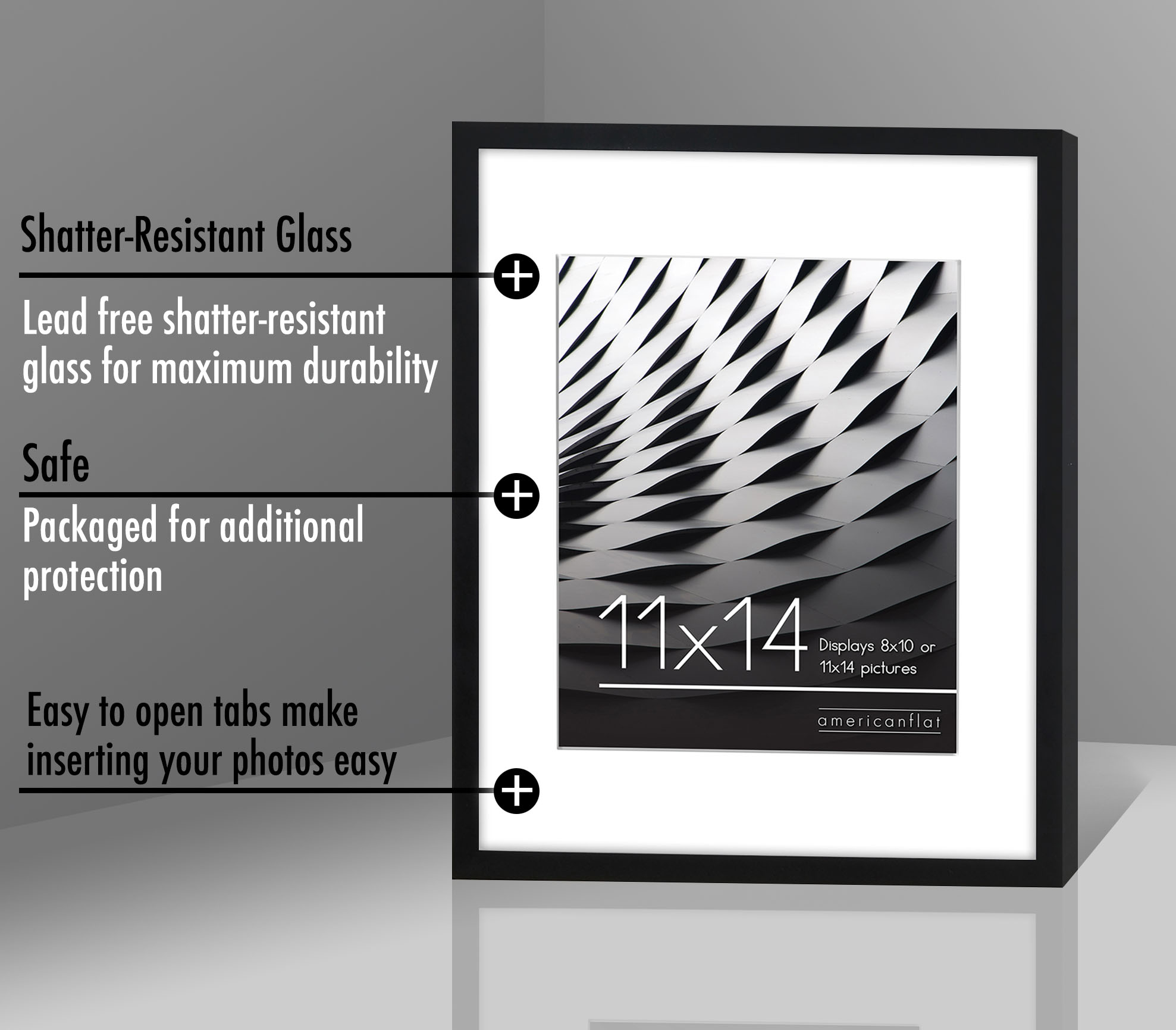 Americanflat 11x14 Picture Frame with Shatter-Resistant Glass - Use as 8x10 Frame with Mat or 11x14 Frame Without Mat - Streamline Collection - Thin Photo Frame for Wall Display - Black