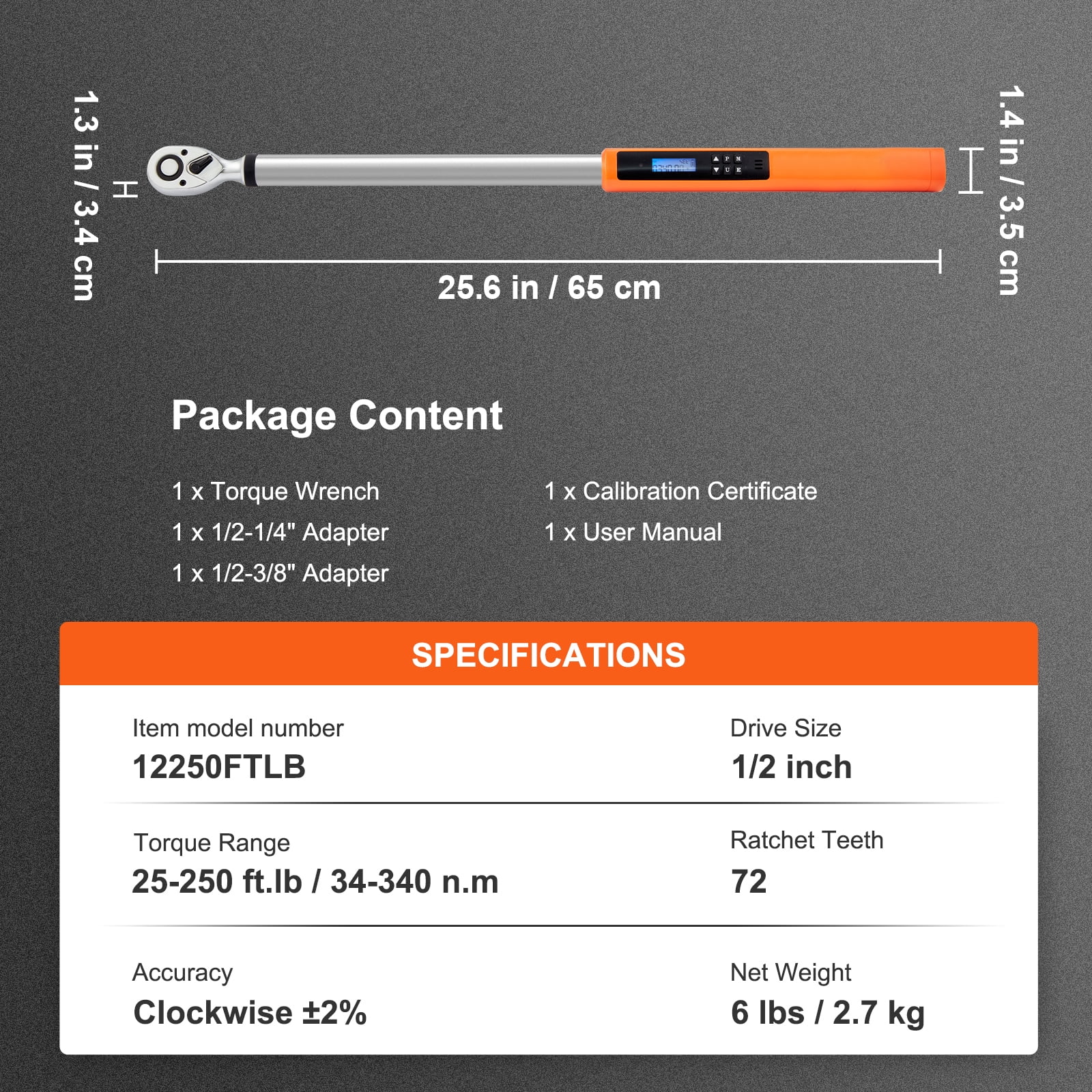 KFFKFF Digital Torque Wrench, 1/2" Drive Electronic Torque Wrench, Torque Wrench Kit 25-250ft.lb/34-340n.m Torque Range Accurate to ±2%, 3-Mode Adjustable Torque Wrench Set