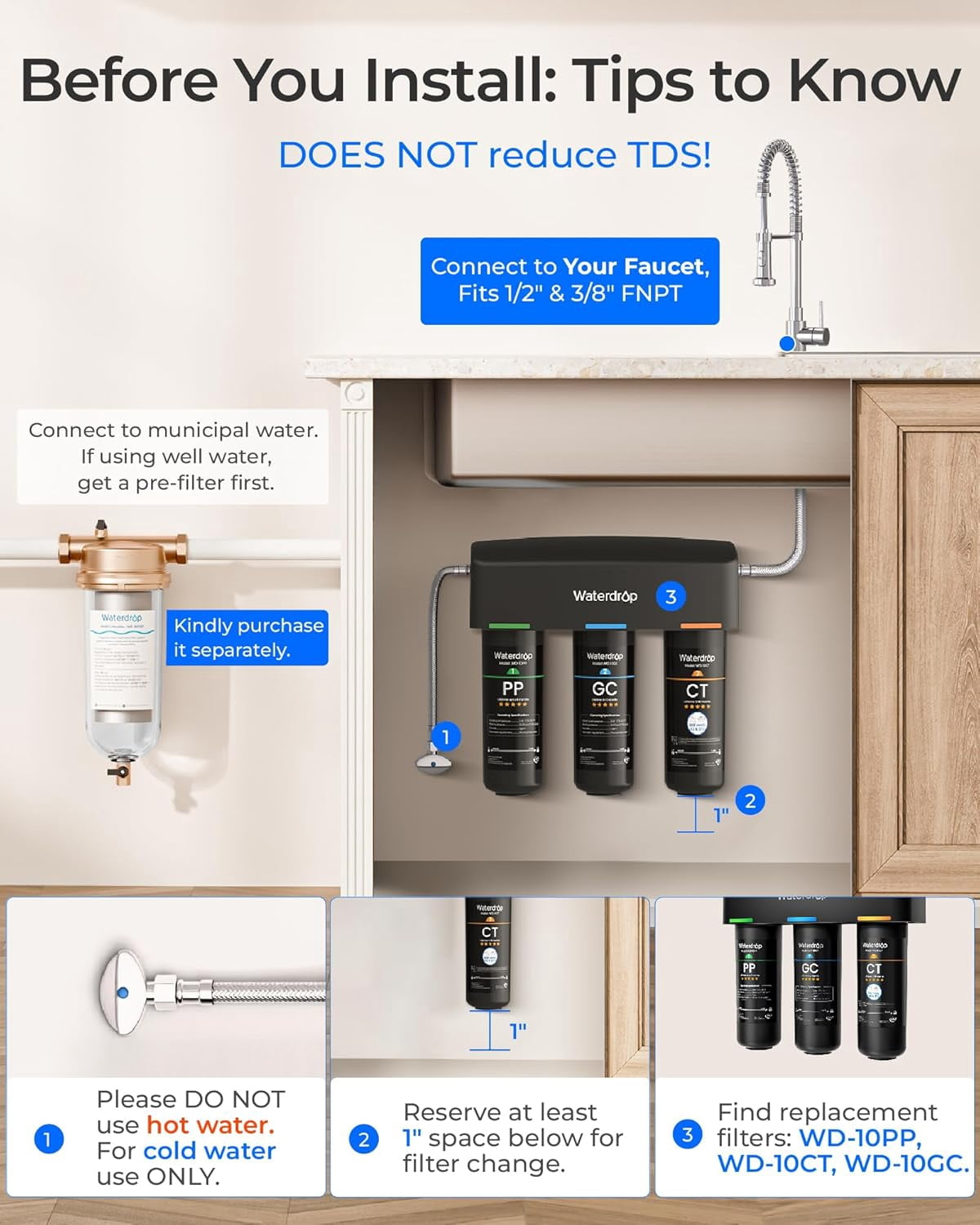 Waterdrop TSA 8 Layer Under Sink Water Filter System,  Reduces PFAS, PFOA/PFOS, Fluoride, Chlorine, Bad Taste & Odor, with WD-10PP Water Filter