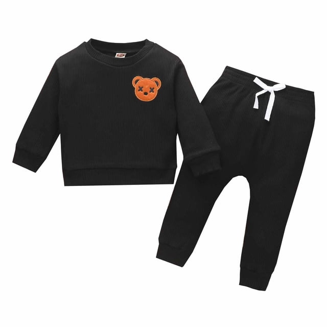 Sudadera Para Niños Pequeños, Otoño Invierno, Niñas, Niños, Tira De Algodón, Oso De Dibujos Animados, Cuello Redondo, Manga Larga, Suéter Informal, Pantalones, Conjunto Negro Odeerbi LM103-6737