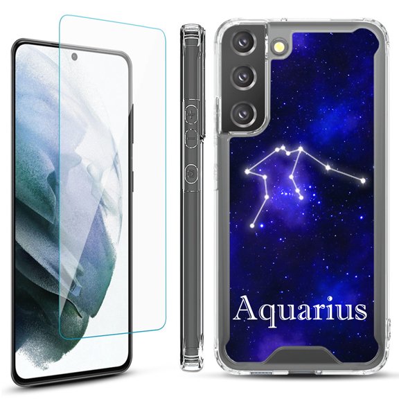 Shockproof Bumper Phone Case for Samsung Galaxy S22  / S22 Plus 5G, with Tempered Glass Screen Protector, by OneToughShield ® - Zodiac / Aquarius