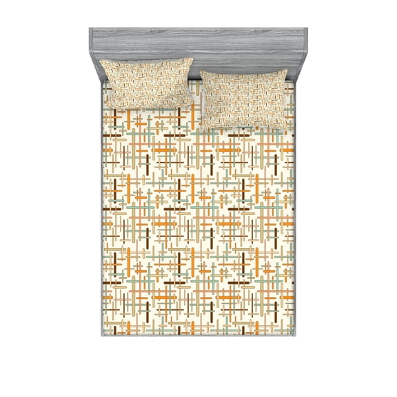 Ambesonne Abstract Fitted Sheet & Pillow Sham Set, Rounded Colorful Lines, Queen, Orange Pale Blue Brown