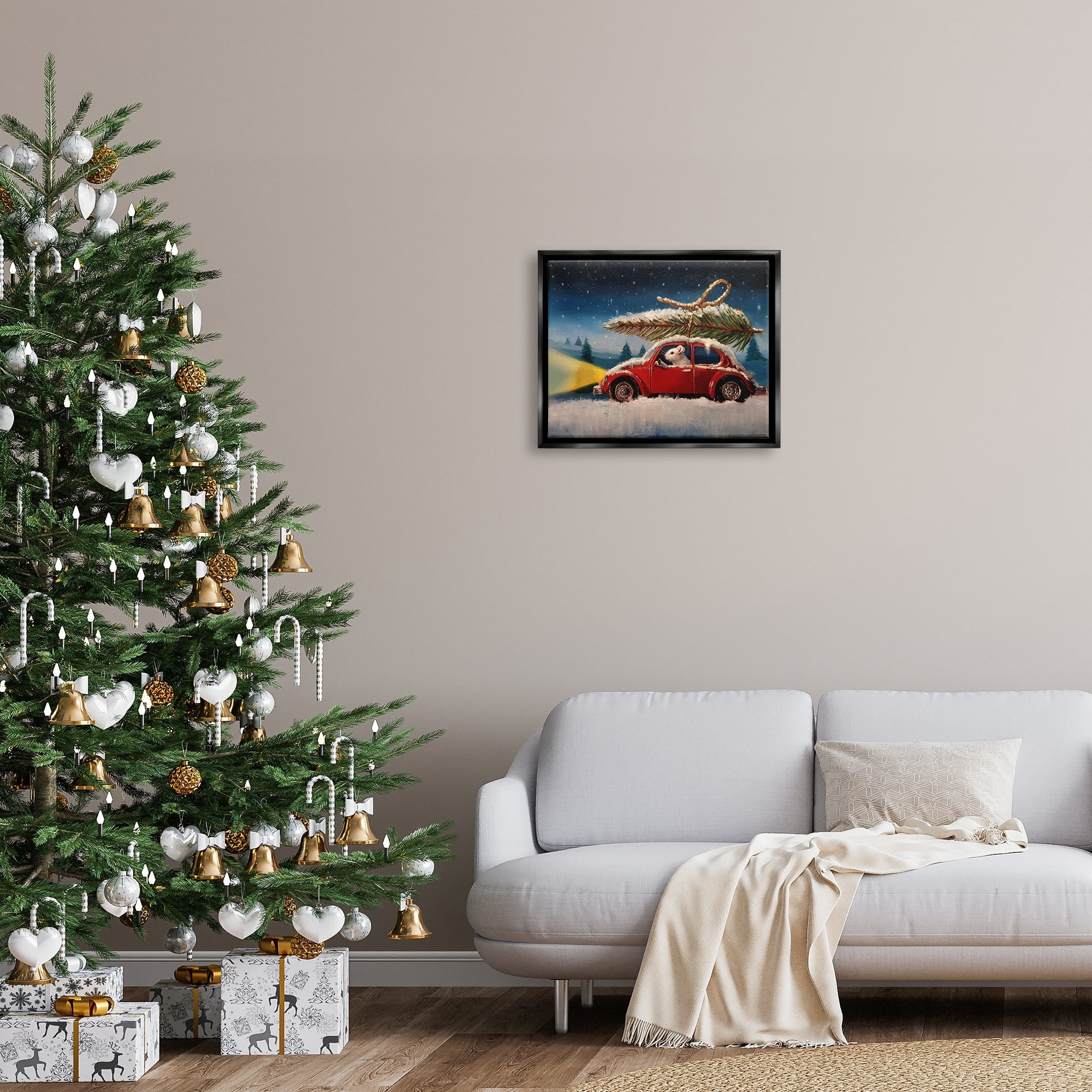 Stupell Industries Mouse Driving Through Snow Winter Holiday Tree Metallic Gold Framed Floating Canvas Wall Art, 24x30, by Lucia Heffernan