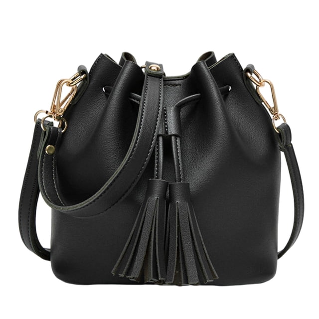Bolso de hombro Colcomx Tipo cubo hobo con cordón de cuero Negro