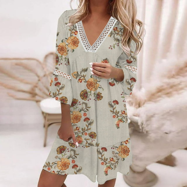 SMihono Robes d'Été Bohémiennes pour Femmes Grande Taille Été Décontracté Manches Courtes Col en V Imprimé Pagode Robe Ample