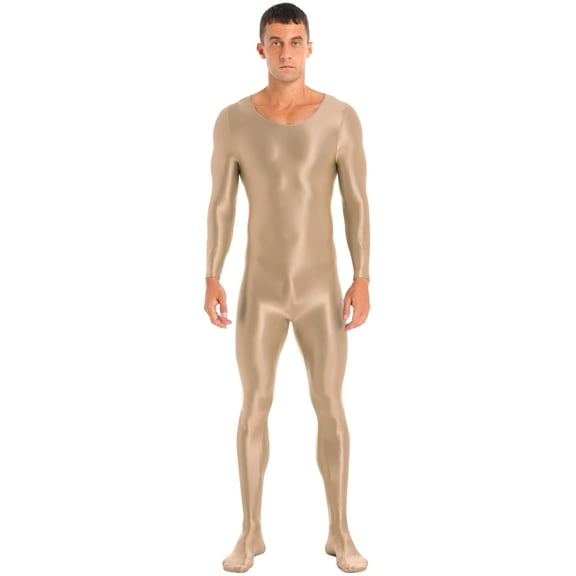 YIZYIF Mens Shiny One Piece Sports Bodysuit Full Body Workout Tights Long Sleeve Elastic Jumpsuit Coffee XL