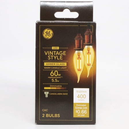 GE LED Vintage Style Amber Glass Warm Candle Light 5.5W (60W EQ) Candelabra 2pk