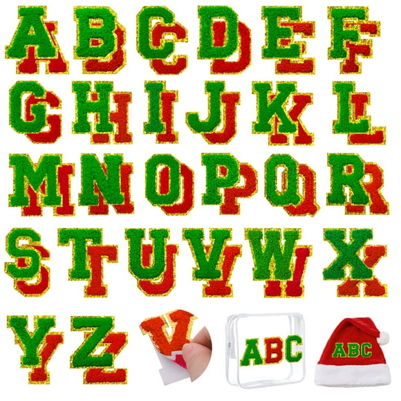 Parches navideños con letras de chenilla FOGWOWO, rojo y verde, 52 unidades