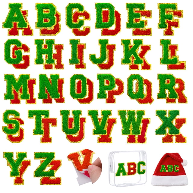 Parches navideños con letras de chenilla FOGWOWO, rojo y verde, 52 unidades
