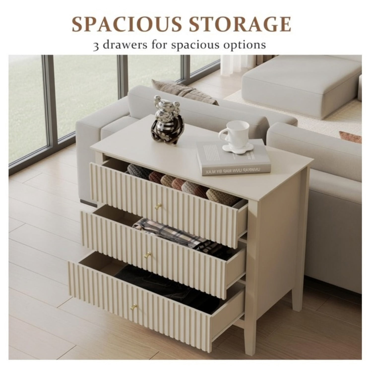 Hommoo 32"W Wooden Fluted 3-Drawer Nightstand, Large Modern Bedroom End Table, Beige