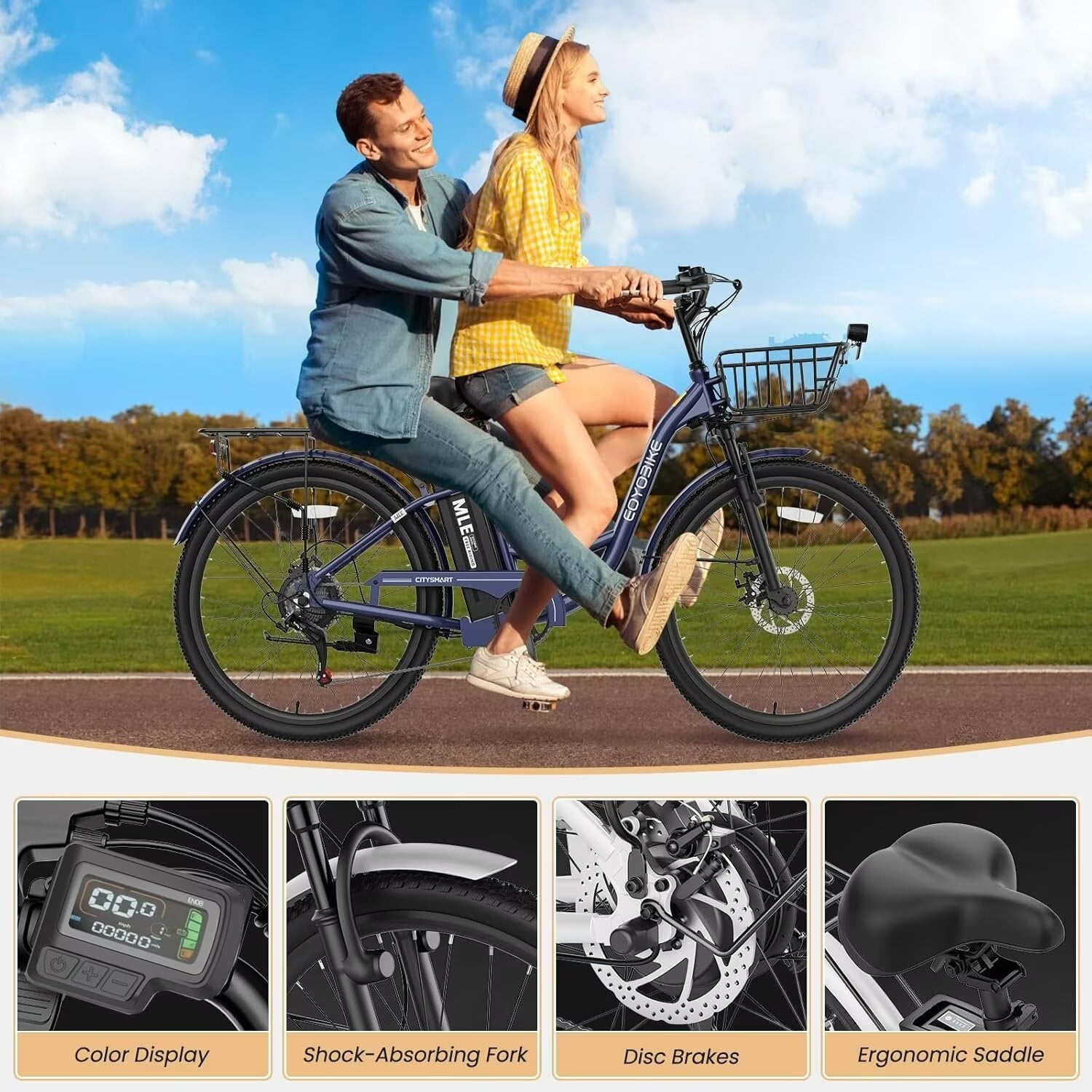 Lilypelle Electric Bike for Women Adults, Peak 700W Motor 20MPH, 50 Miles Electric Cruiser Bike with 36V 10.4Ah Battery, 7-Speed Electric Bicycle, 26" Tires and Front Fork Suspension