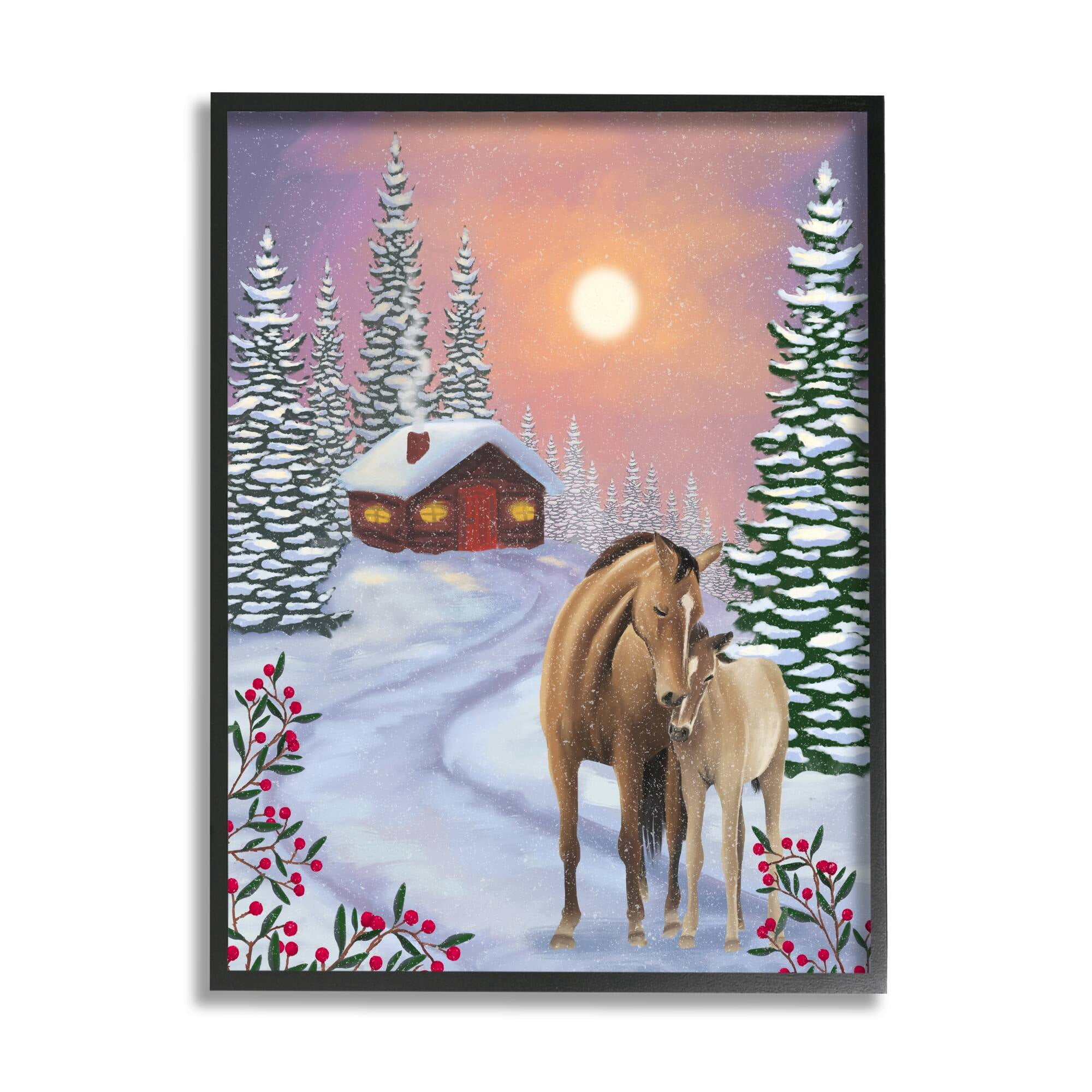 Stupell Industries Holiday Horses Winter Scene Holiday Painting White Framed Art Print Wall Art