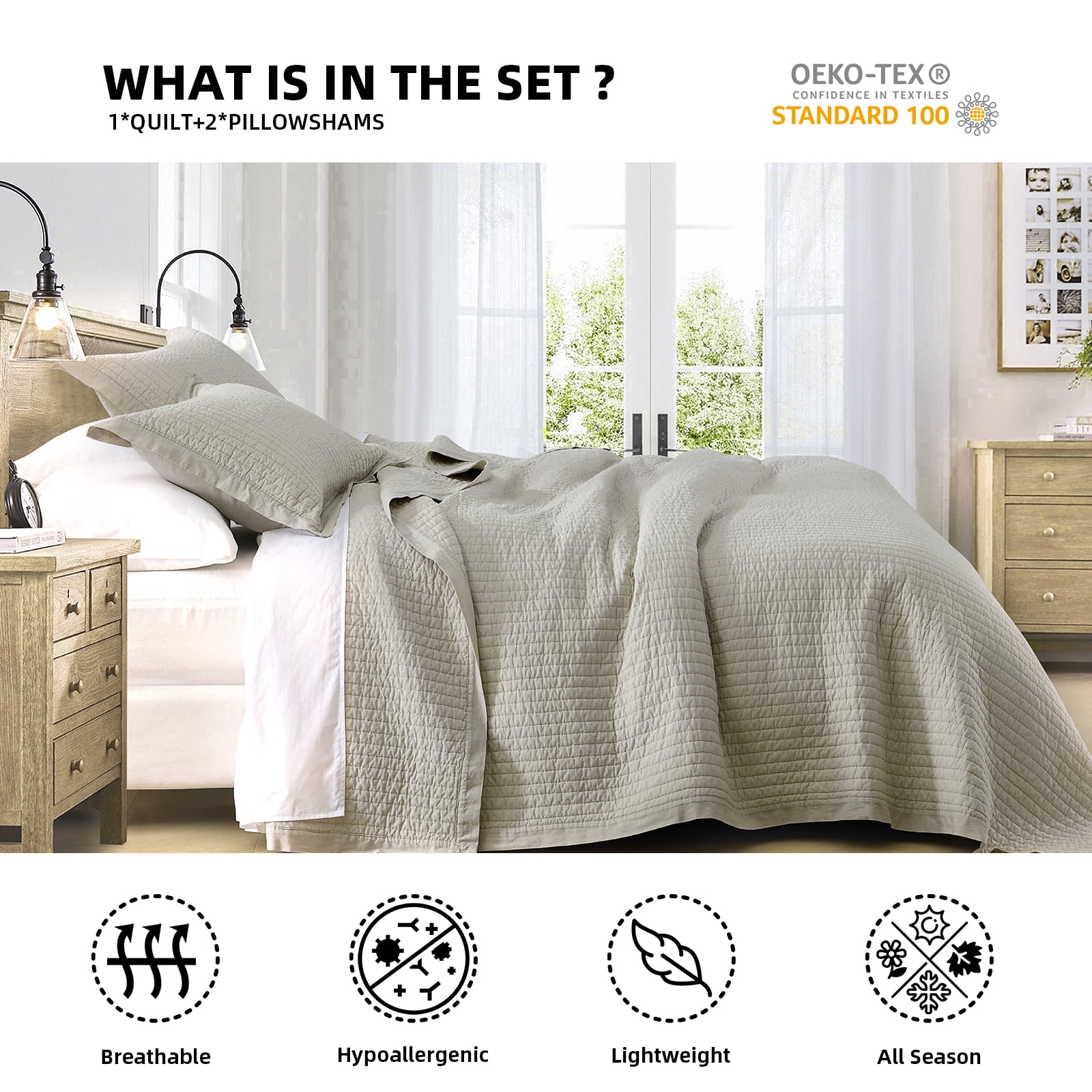 PANGUSHAN 100% Cotton Queen Quilt Set, Farmhouse Elegant Solid Color Queen Size Quilt Bedding Set Bedspreads, Reversible Quilted Lightweight Comforter, Beige Bed Spread for Queen Bed, 3pcs