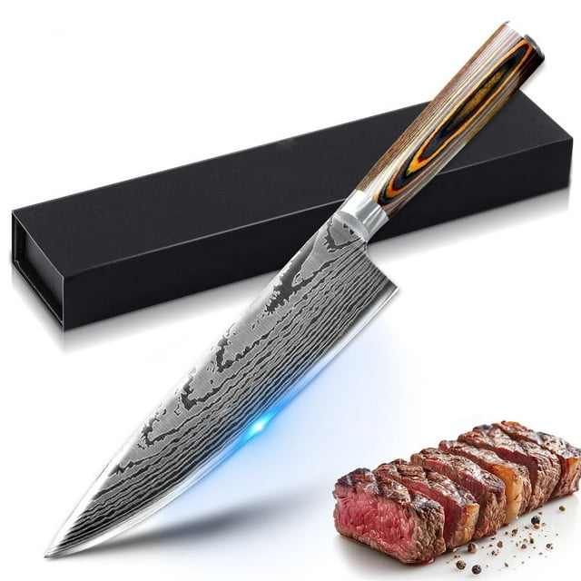 Cuchillo de Cocina, Cuchillo de Chef de 8 Pulgadas, Navaja Láser de Damasco, Mango de Madera de Hoja Afilada con Funda de Regalo
