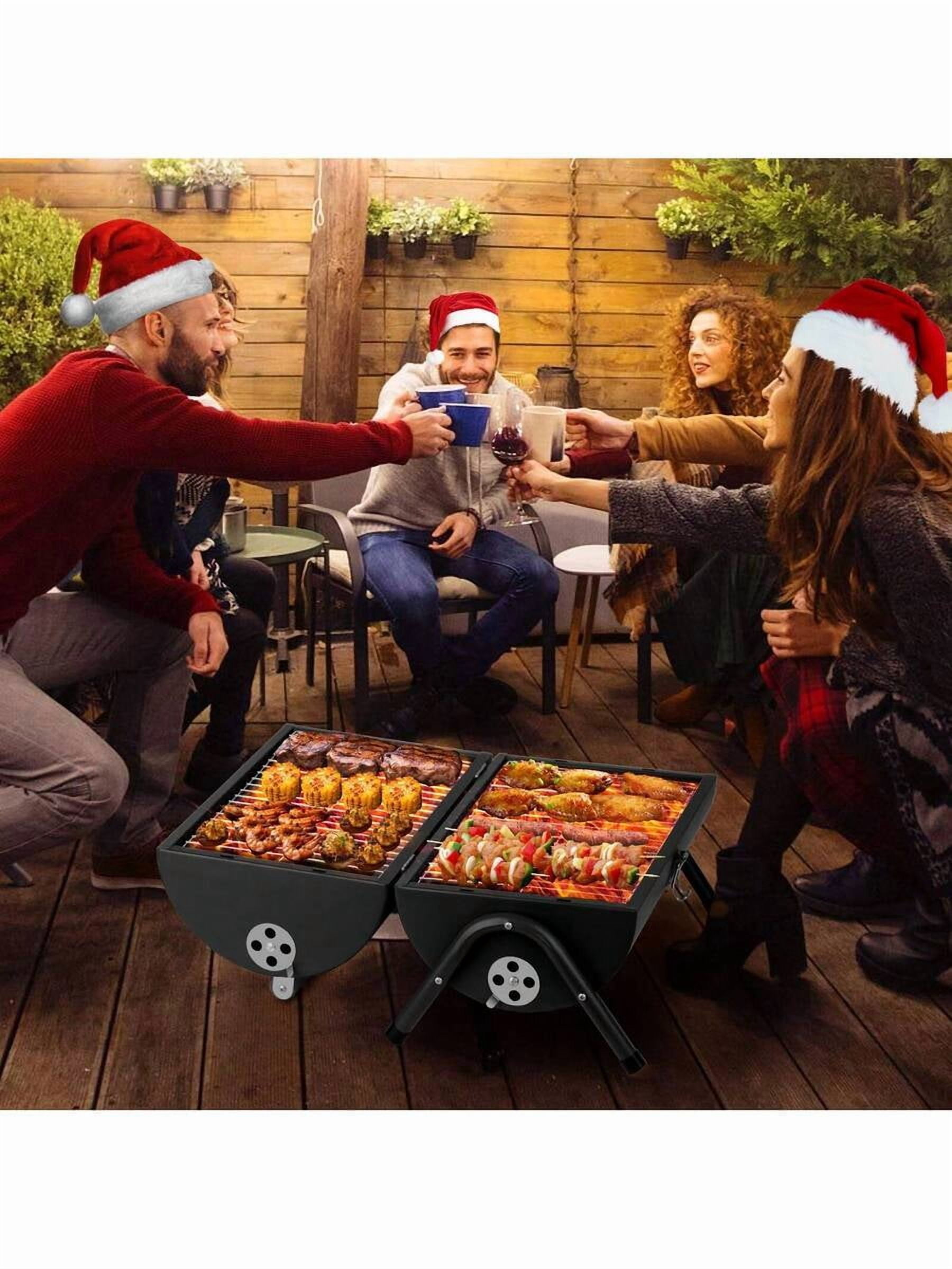 Compact Portable Charcoal Grill Barrel - Double Sided Collapsible Design, Great For Outdoor Cooking And Camping, Black Stainless Steel Smoker With Wooden Handle, Great For Grilling Shrimp