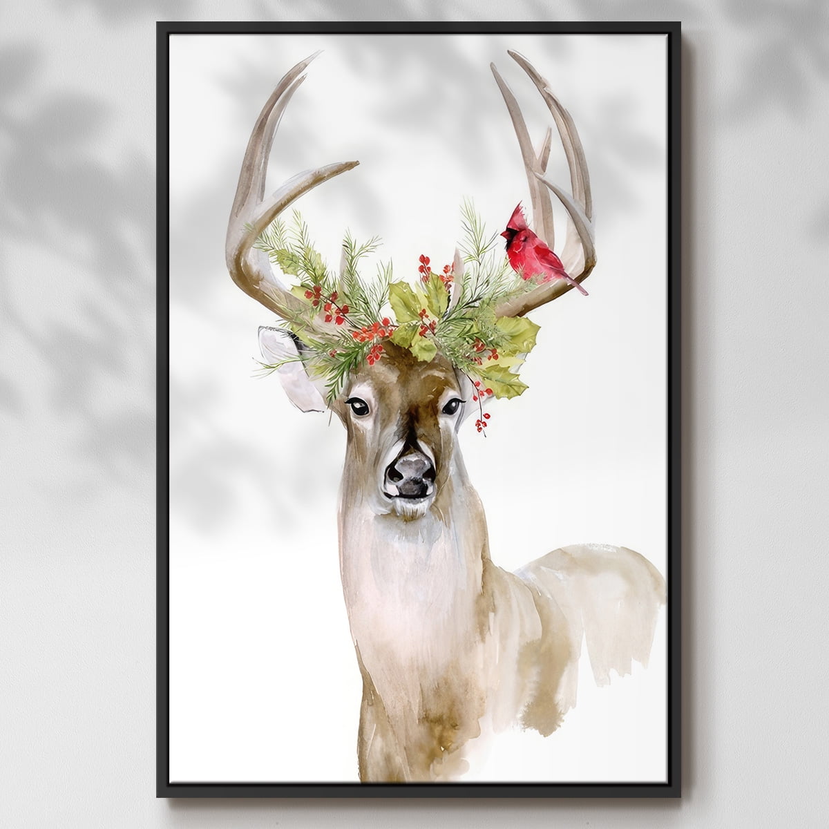 Holiday Deer I - Framed Gallery Wrapped Holiday Canvas - 17 x 25 - Black Frame