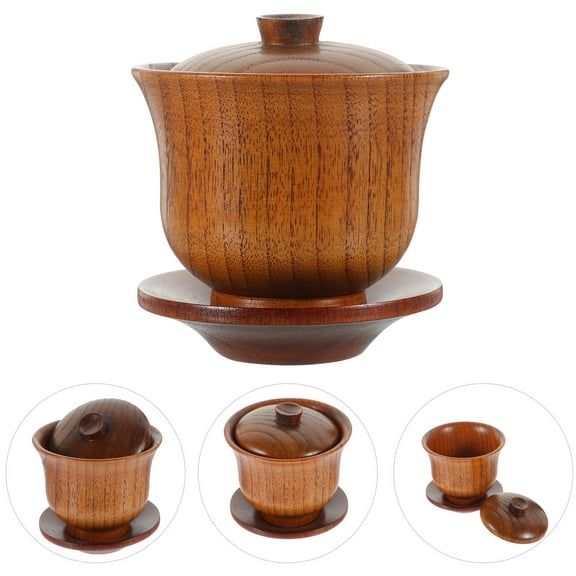 UPOUART Traditional Wooden Tea Cup Set, Brown, Handcrafted Tea Cups for Home and Office, 1 Set