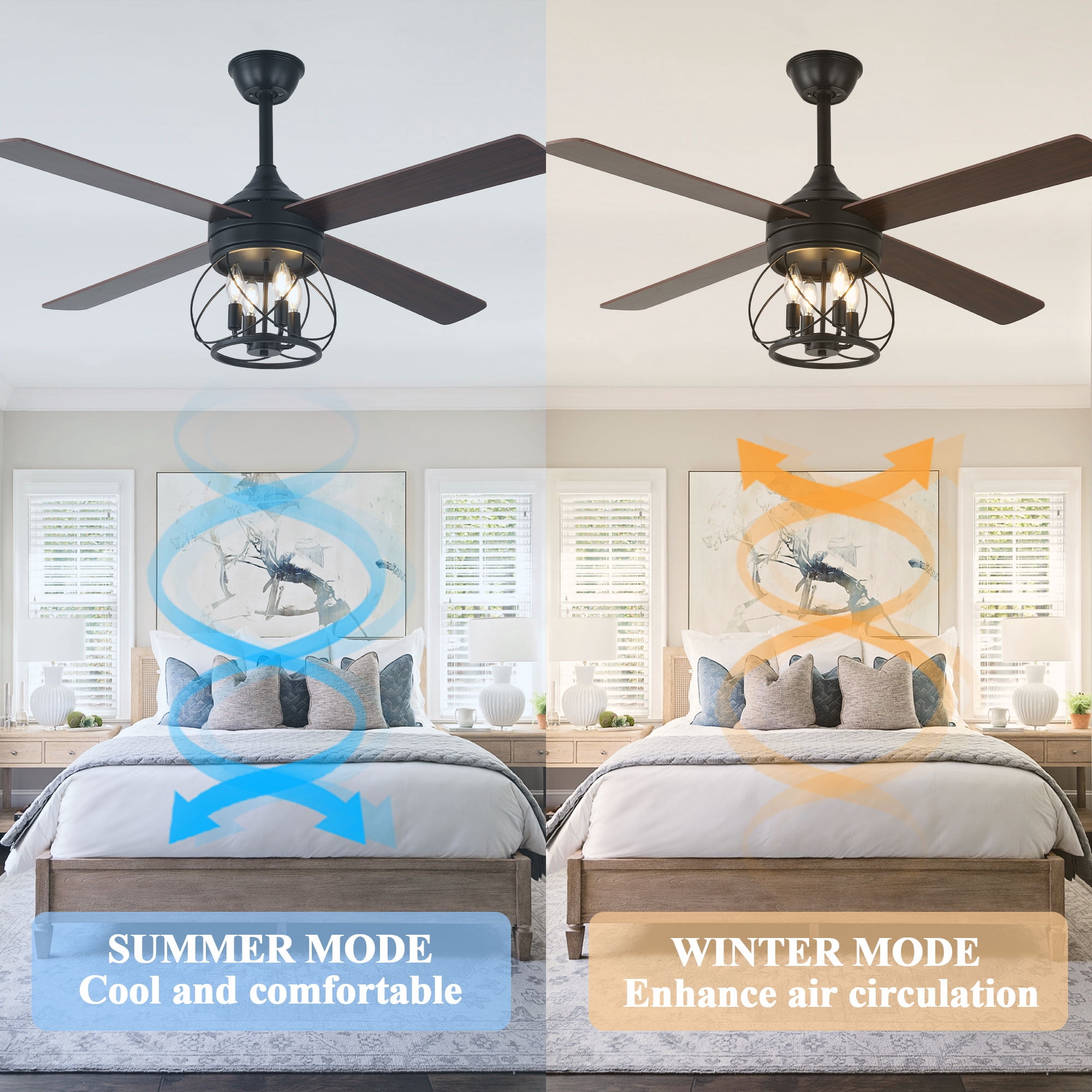 Cusp Barn 52 inch Rustic Farmhouse Caged Ceiling Fan with Remote Control, 6 Speeds Modern Black Ceiling Fan with Lights