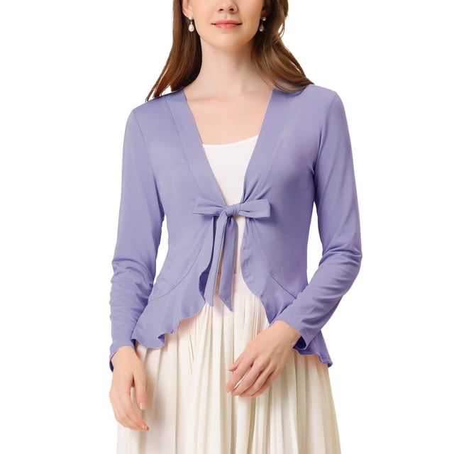 INSPIRE CHIC Women's Tie Front Long Sleeve Ruffled Hem Open Front Knit Cardigan L Light Purple