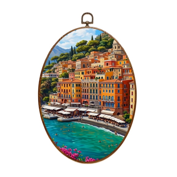 Mediterranean Canvas Wall Art Colorful Coastal Village Seaside View Turquoise Waters Oval Framed Canvas Prints Vintage Wall Hanging Decor for Home Decorations 8.6"x11.4"