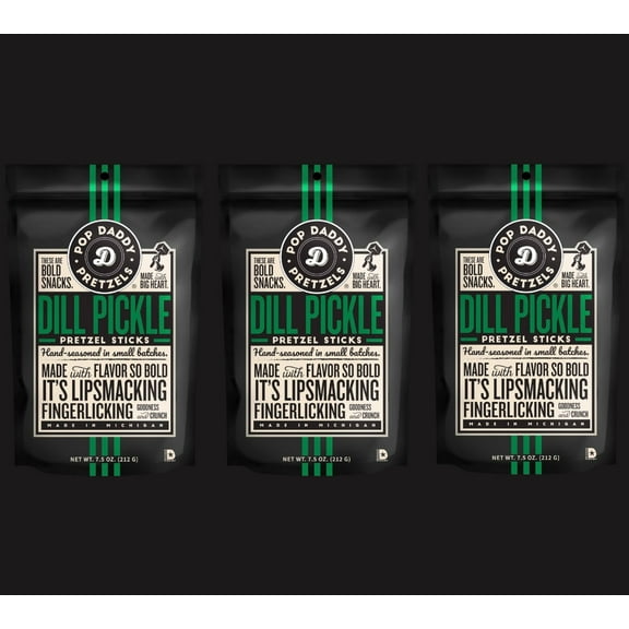 Pop Daddy Pretzels Sticks Dill Pickle Healthy Gourmet Snacks, 7.5oz Bags, Pack of 3