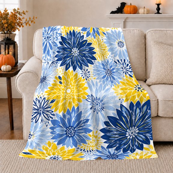 Blue Yellow Chrysanthemum Floral Pattern Botanical, Festive Botanical Garden Scene, Warm Flannel Blanket for Sunroom and Reading Nook, Garden Lovers Housewarming Gift, Botanical Home Decor