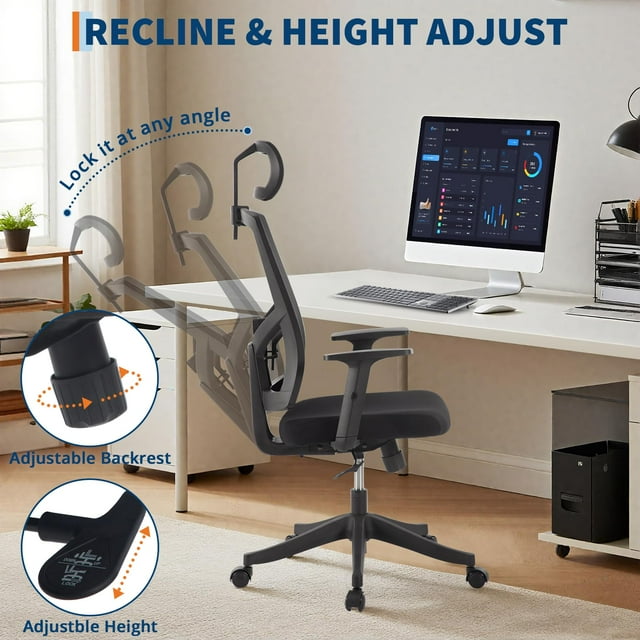 EDTara Executive Mesh Office Chair, High Back Ergonomic Design with 4D Armrests, Lumbar & Headrest Adjustment, Sliding Seat, Tilt Lock for Home Office