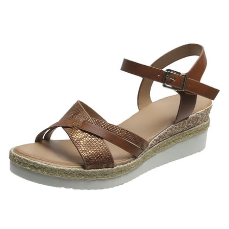 

Slope heel Sandals for Women Ladies Sandals Wedge Heel Platform Fashion Casual Button Cross Strap Sandals Brown