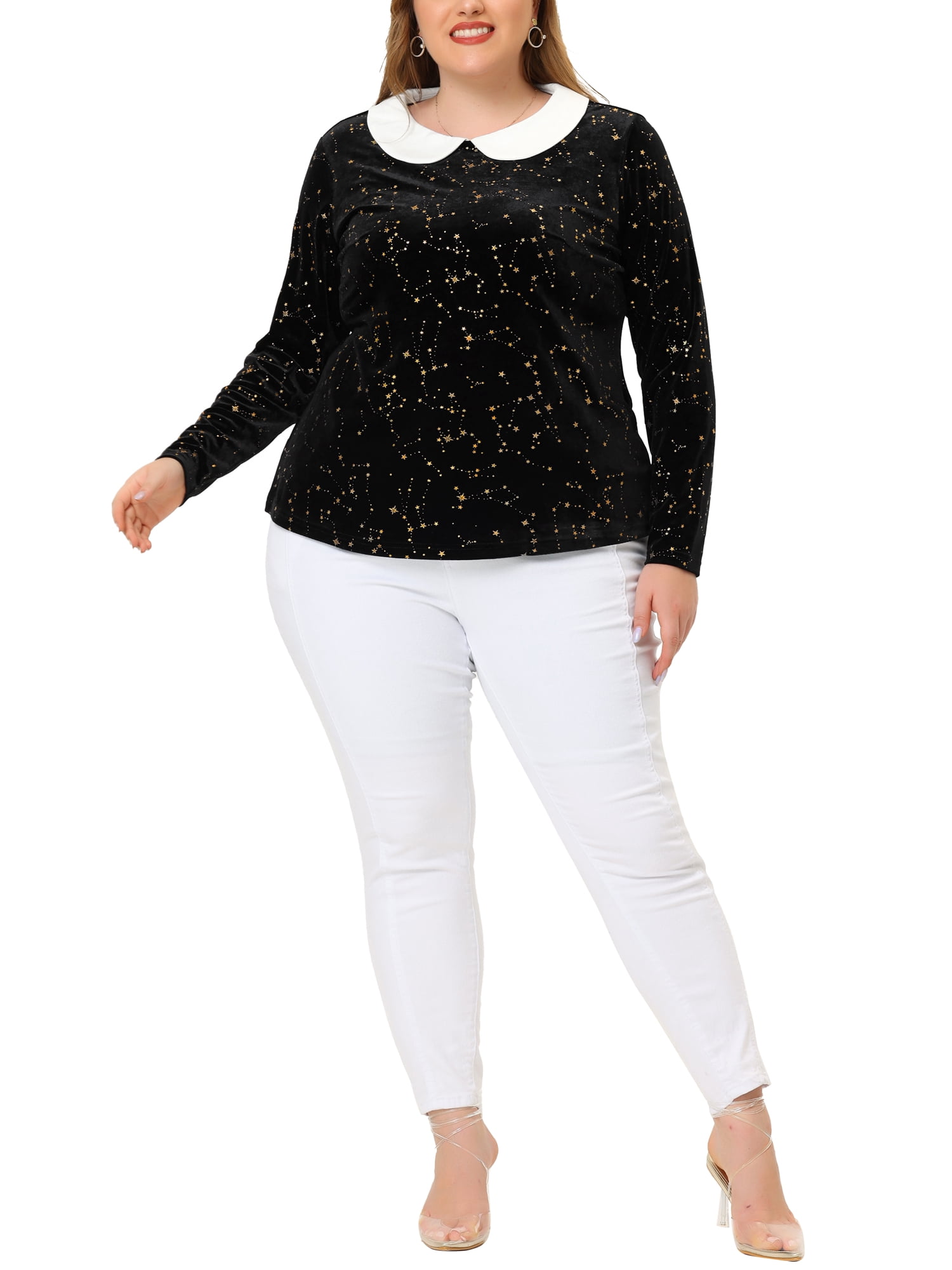 Unique Bargains Women's Plus Size Long Sleeve Peter Pan Collar Vintage Velvet Tops 4X Black
