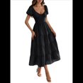 thumbnail image 2 of Vestido Midi Informal de Verano para Mujer, con Mangas , Escote en V, Fruncido y Volantes Escalonados. Negro S, 2 of 8