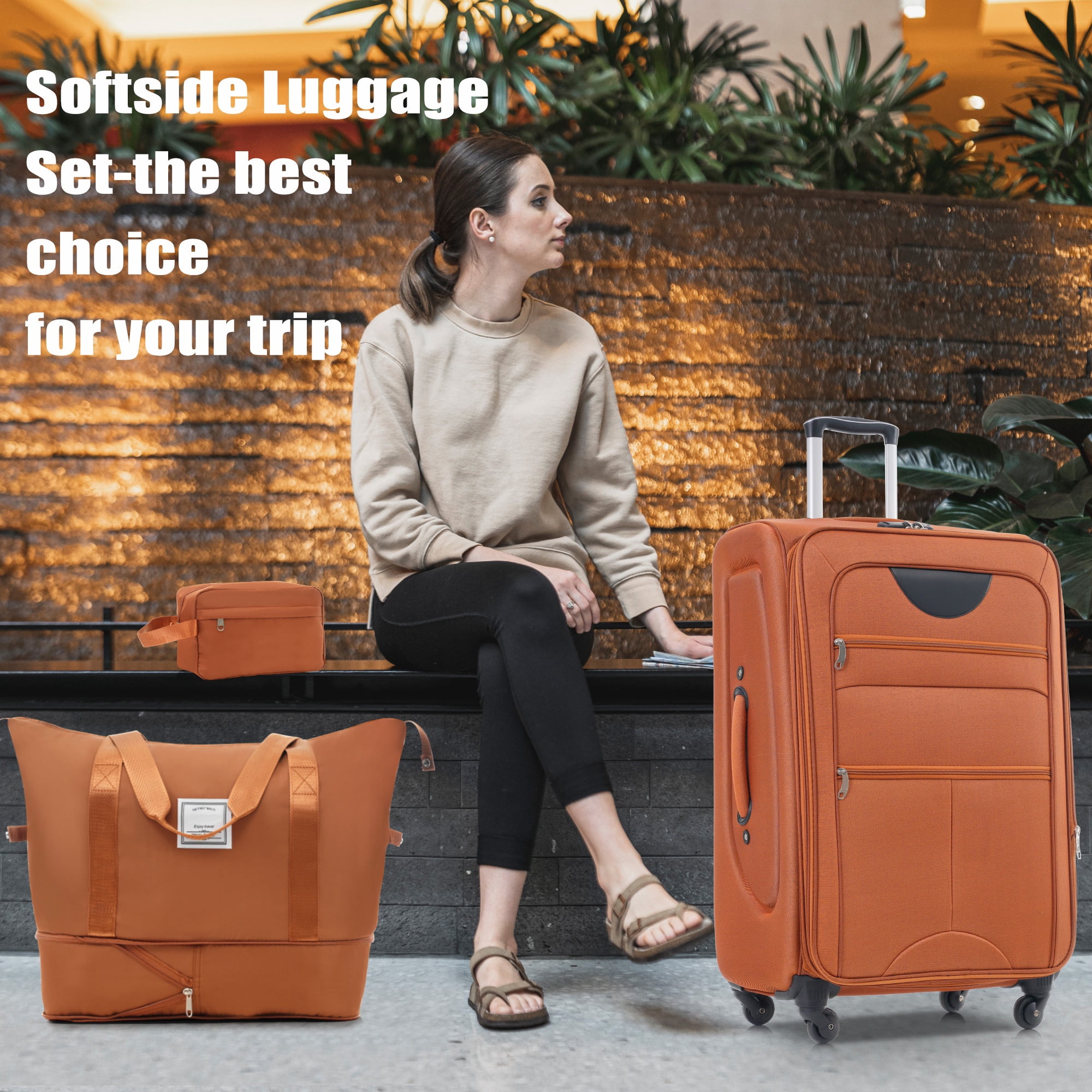 PAPROOS 3 PCS Luggage Set with Duffel Bag, Lightweight Carry on Softside Suitcases Set, 20in 24in 28in Expandable Suitcase with Spinner Wheel and TSA Lock, Softshell Luggage Travel Set, Orange