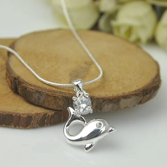 QQTDFG 925 Sterling Silver Plated Fashion Women Dolphin Pendant Necklace Chain Jewelry-default