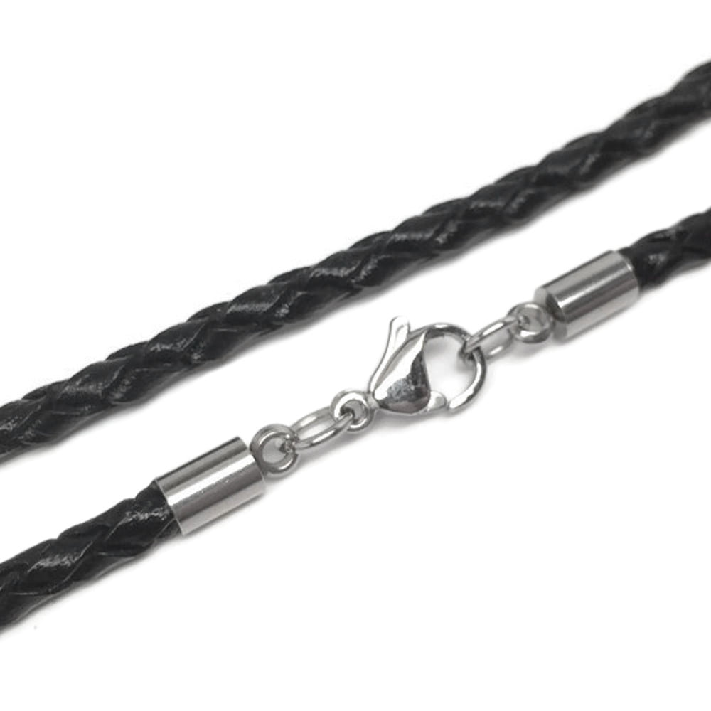 Stainless Steel Hexagon Bead Necklace Black Braided Leather Cord - 16 Inch