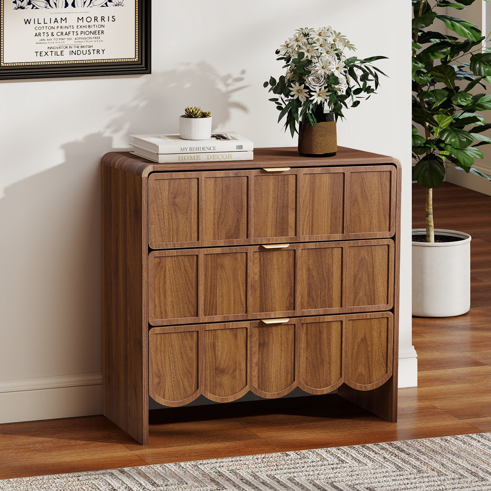 Weselon 3 Drawer Dresser for Bedroom, Modern Wave Panel Chest of Drawers, Closet Storage Cabinet, Walnut