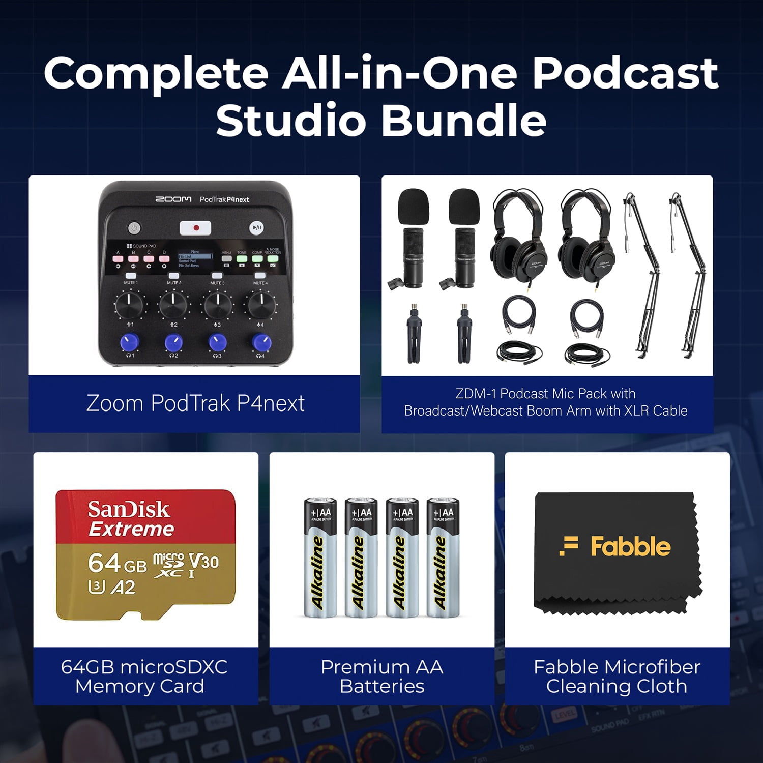 Zoom PodTrak P4next Portable Multitrack Podcast Recorder Bundle with 2 Zoom ZDM-1 Podcast Mic Packs, 2 On-Stage MBS5000 Boom Arms with XLR Cables, 64GB microSDXC Card and AA Batteries