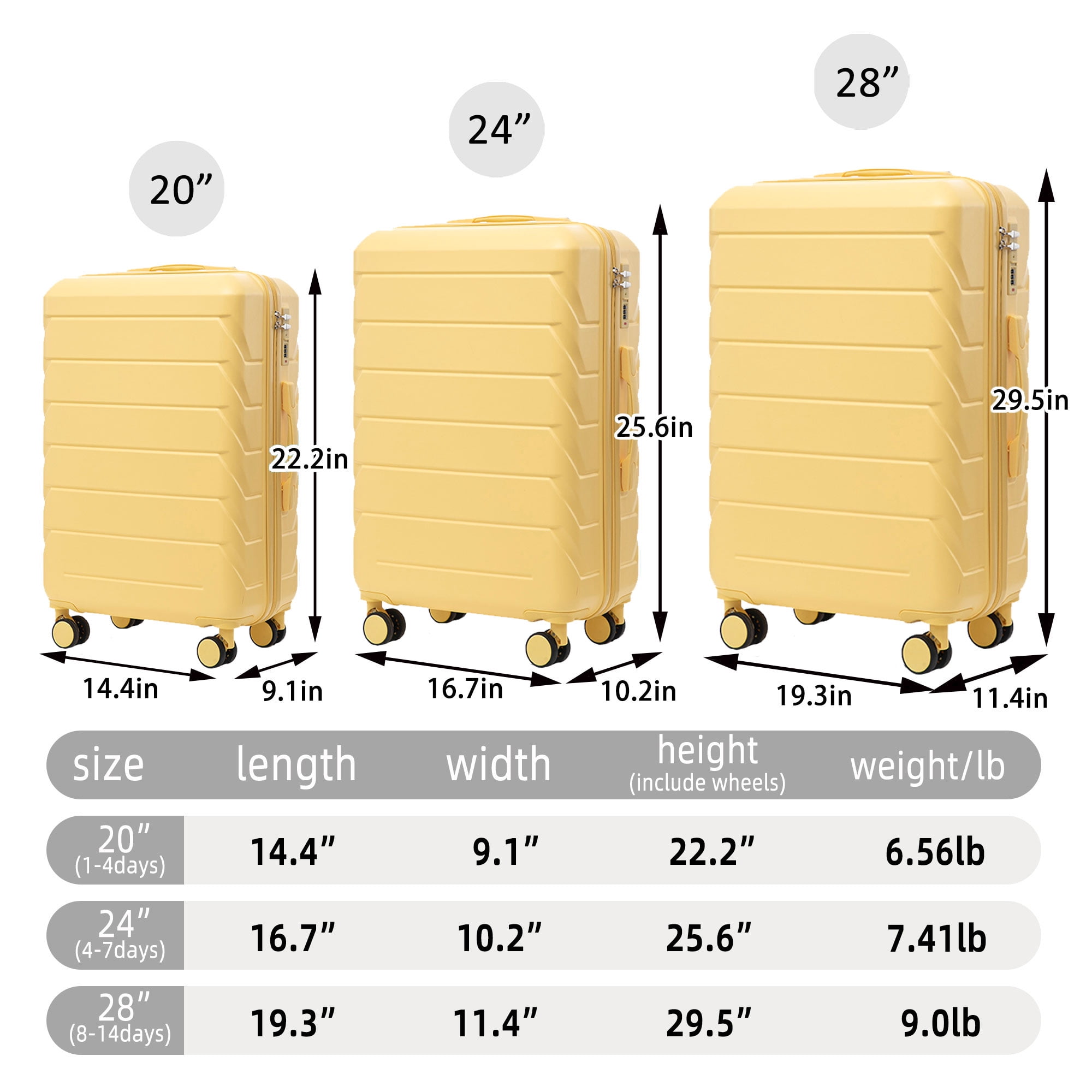 20"/24"/28" 3 pcs/set in ABS Spinner Wheel Luggage, Matching Color, With Combination Lock (Yellow)