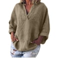 thumbnail image 2 of Leidass Boho Womens Long Sleeve Cotton Linen Kaftan Ladies Baggy Blouse Tee Shirt Tops Khaki 2XL, 2 of 9