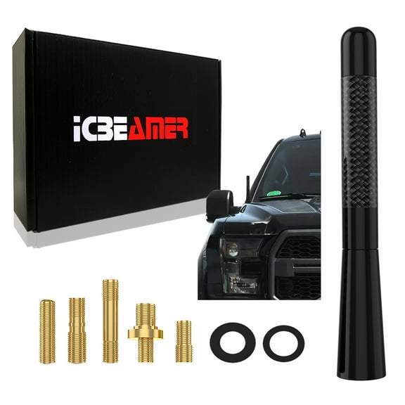 ICBEAMER 5" 127 mm Aluminum Matte Black w/ Carbon Fiber Universal AM/FM Radio Antenna Screw-in Stubby Aerial Replacement
