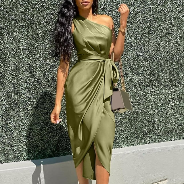 Robe Sexy Femme Épaule Dénudée Froncée Sans Manches Ceinture Robe Formelle