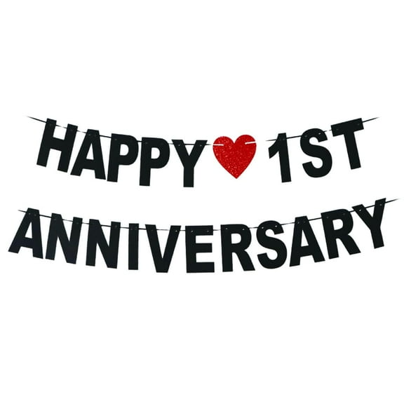 Black Glitter Happy 1st Anniversary Banner, Anniversary Party Decorations,Happy 1st Wedding Anniversary Supplies