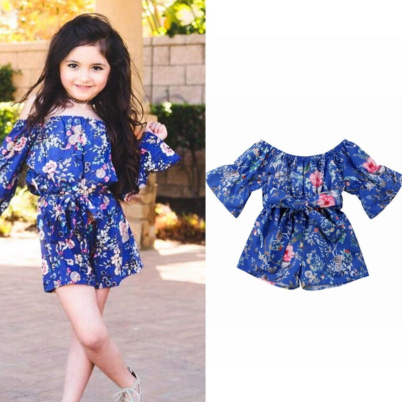 Toddler Baby Girls Jumpsuit Kids Casual Flower Print Bodysuit Off-shoulder Dress 
