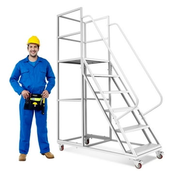 Platform Step Ladder, 6 Steps Warehouse Rolling Stairs51in Height Ladder Systems with Stair Edge Protector, 445LBs Capacity