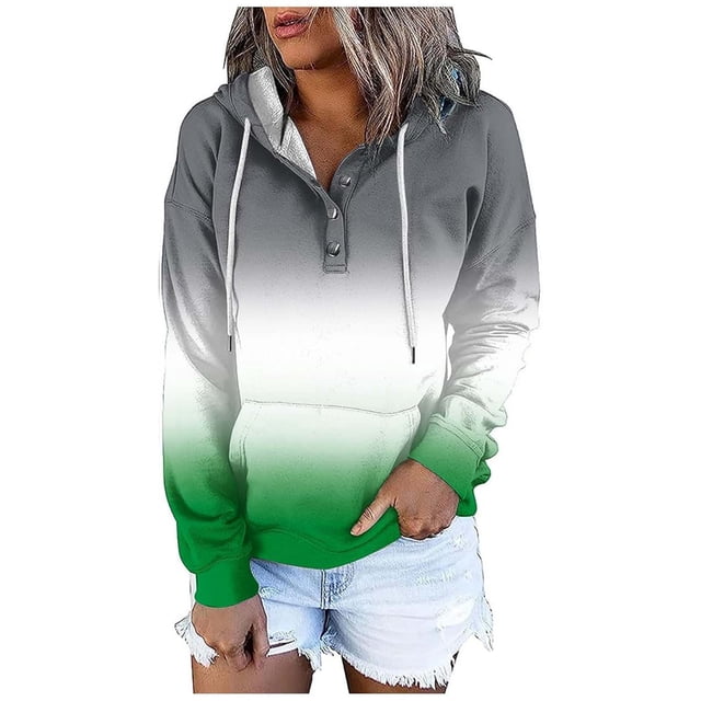 TINZ Women's Autumn And Winter Fashionable Street Style Gradually Changing Color Button Collar Pocket Drawstring Casual Sports Winter Jacket Zip up Jacket Lightweight Oversized Sweatshirt