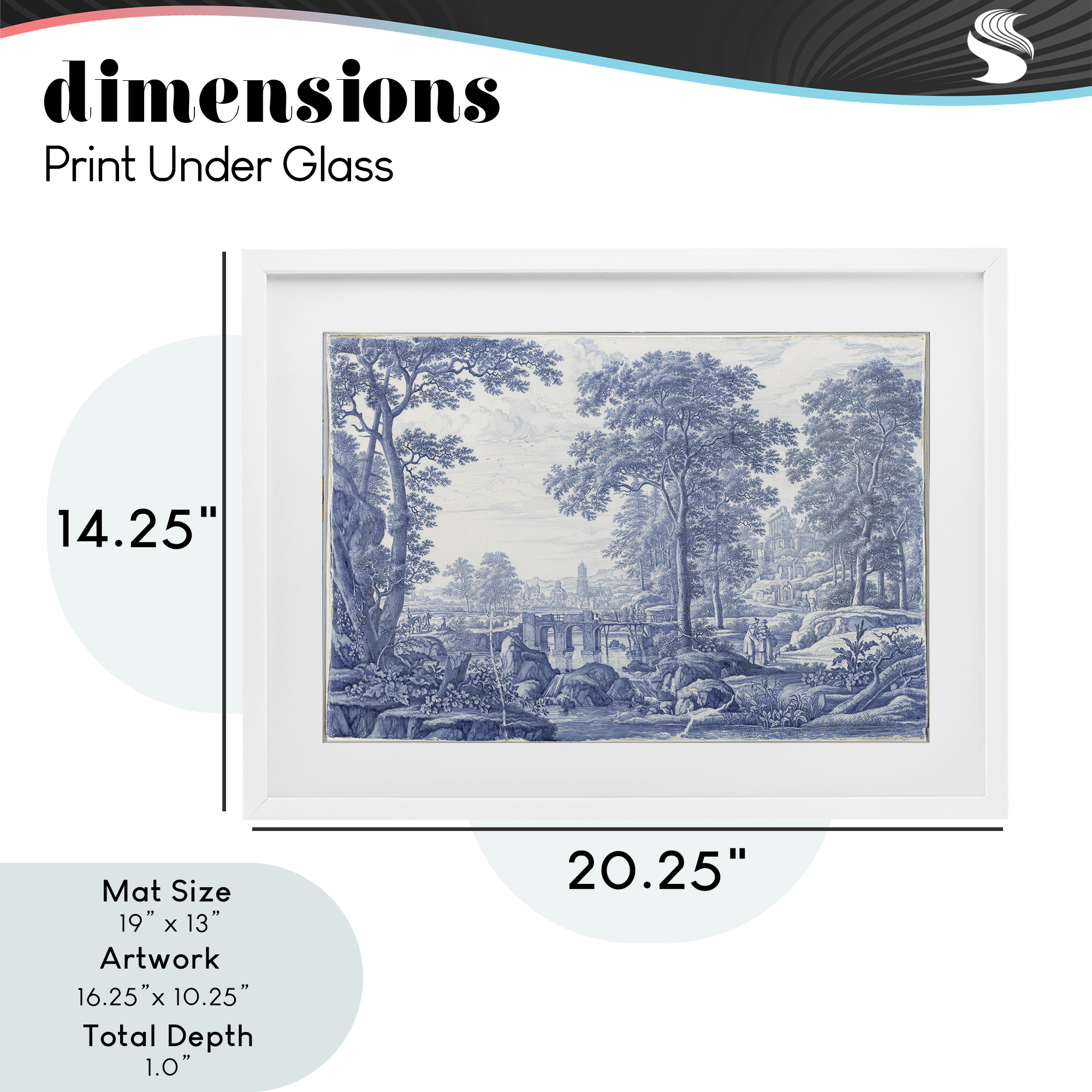 Vintage Blue Tinted Toile White Framed Print Under Glass, design by Vintage Hustle