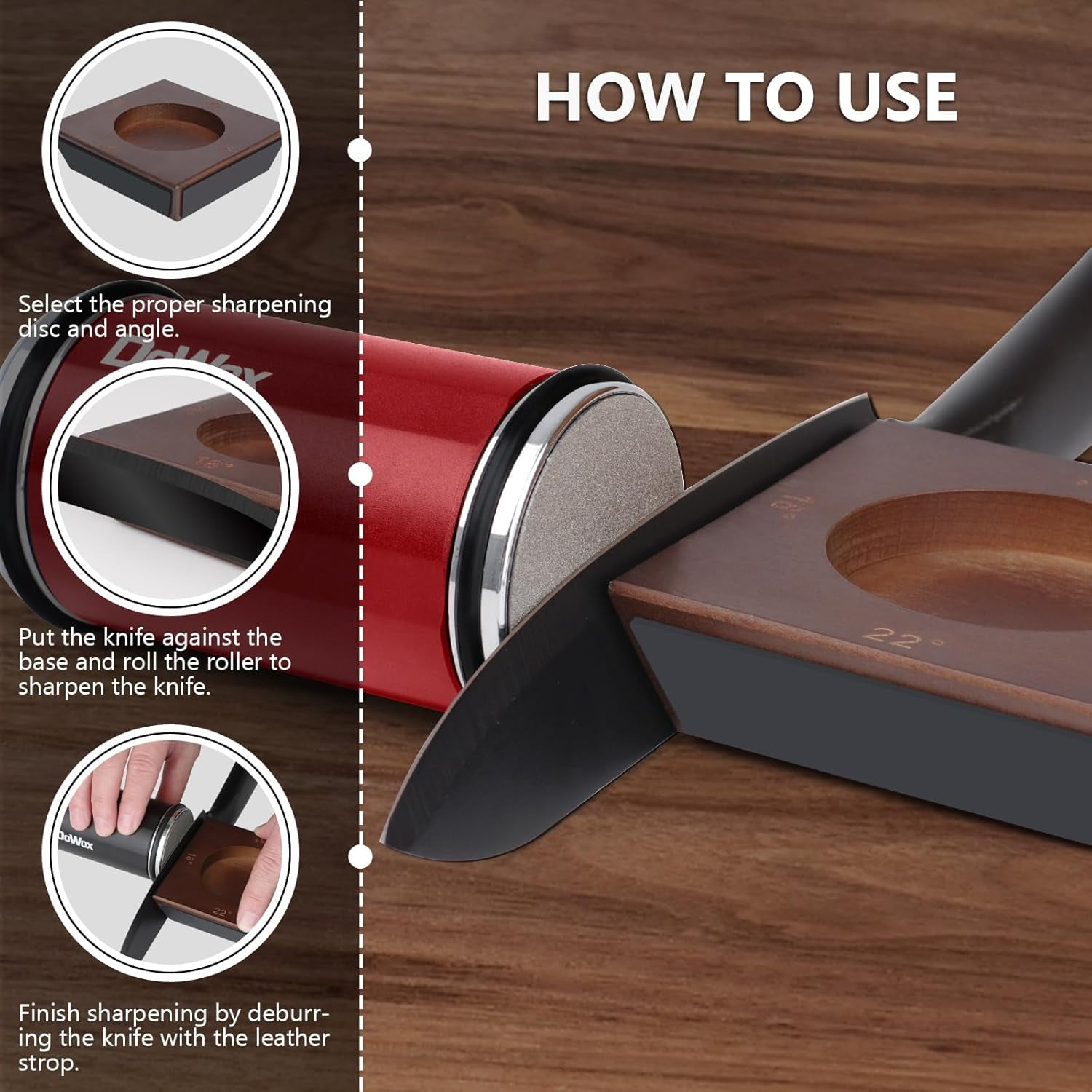 Upgraded Rolling Knife Sharpener with Leather Strop, 4 Angle Base & 4 Replaceable Discs for Kitchen Knives, Red