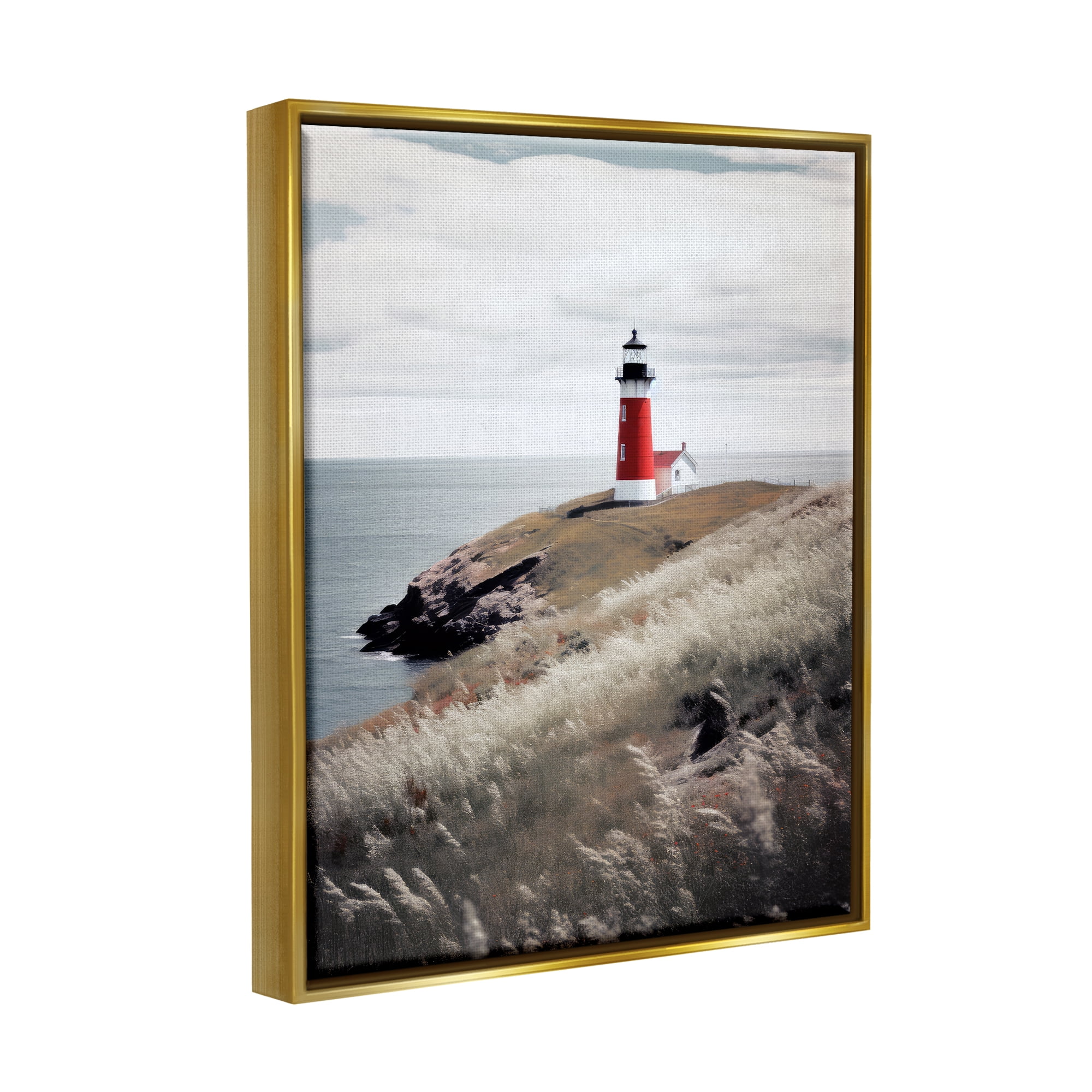 Stupell Industries Red Lighthouse Landscape Landscape Photography Gold Floater Framed Canvas Art Print Wall Art, 17 x 21
