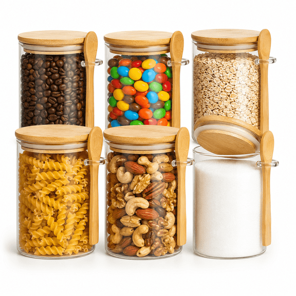 QOPR 6-Piece 23 oz Borosilicate Glass Storage Jars with Airtight Bamboo Lids and Matching Spoons for Pantry Organization