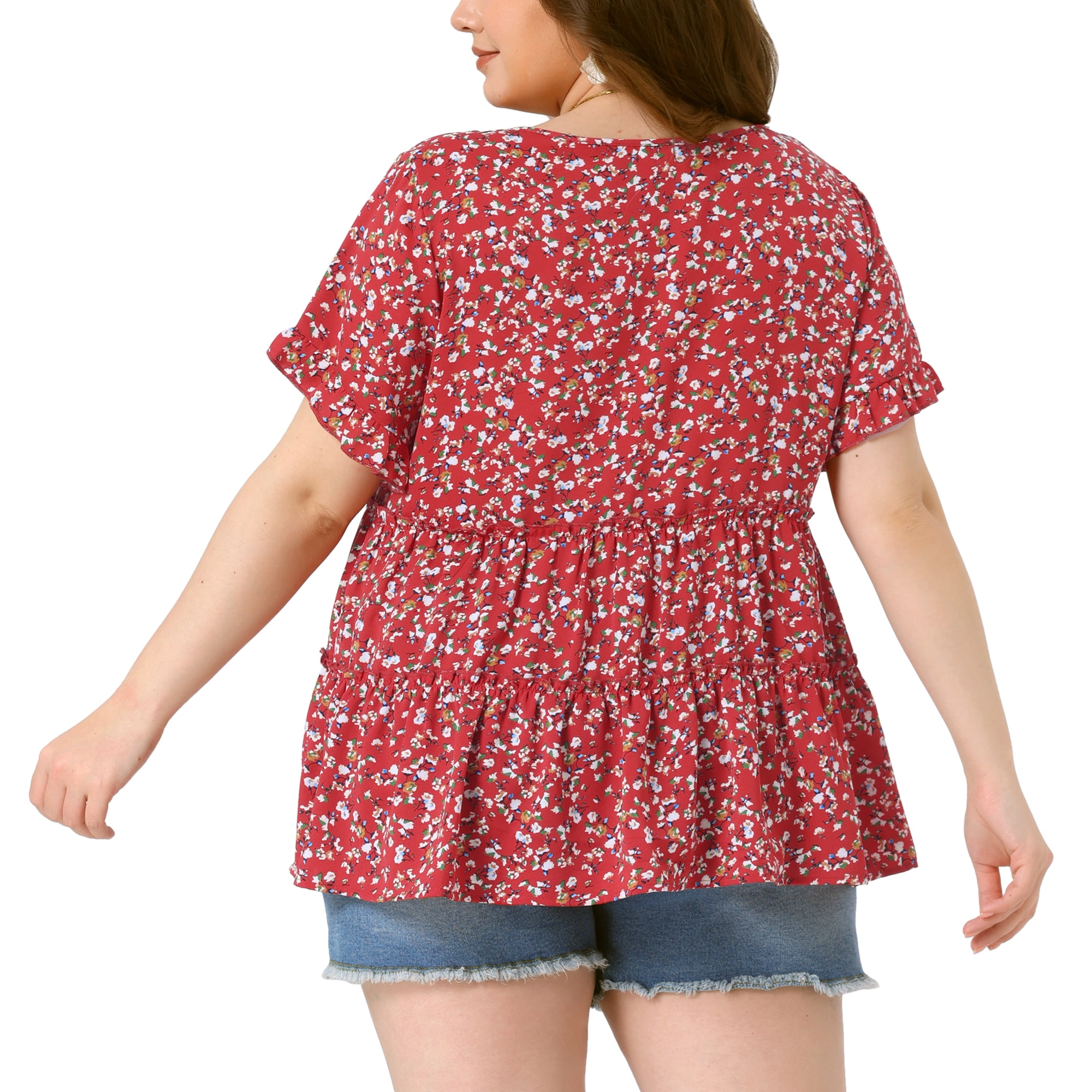 DARING DIVA Women's Plus Size V Neck Short Sleeve Floral Babydoll Blouse 3X Red Green