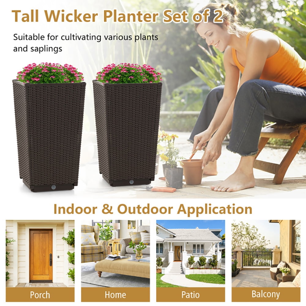 Topcobe Outdoor Wicker Flower Pot Set of 2 with Drainage Hole for Porch Balcony, Planters for Plants, Raised Garden Beds Indoor Outdoor, Brown