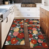 Floral Kitchen Rugs Sets of 3 Piece Vintage Flower Kitchen Floor Mat Non Skid Machine Washable Runner Rug for Spring Summer Holiday Decor Farmhouse Carpet for Sink Laundry Hallway(Black)